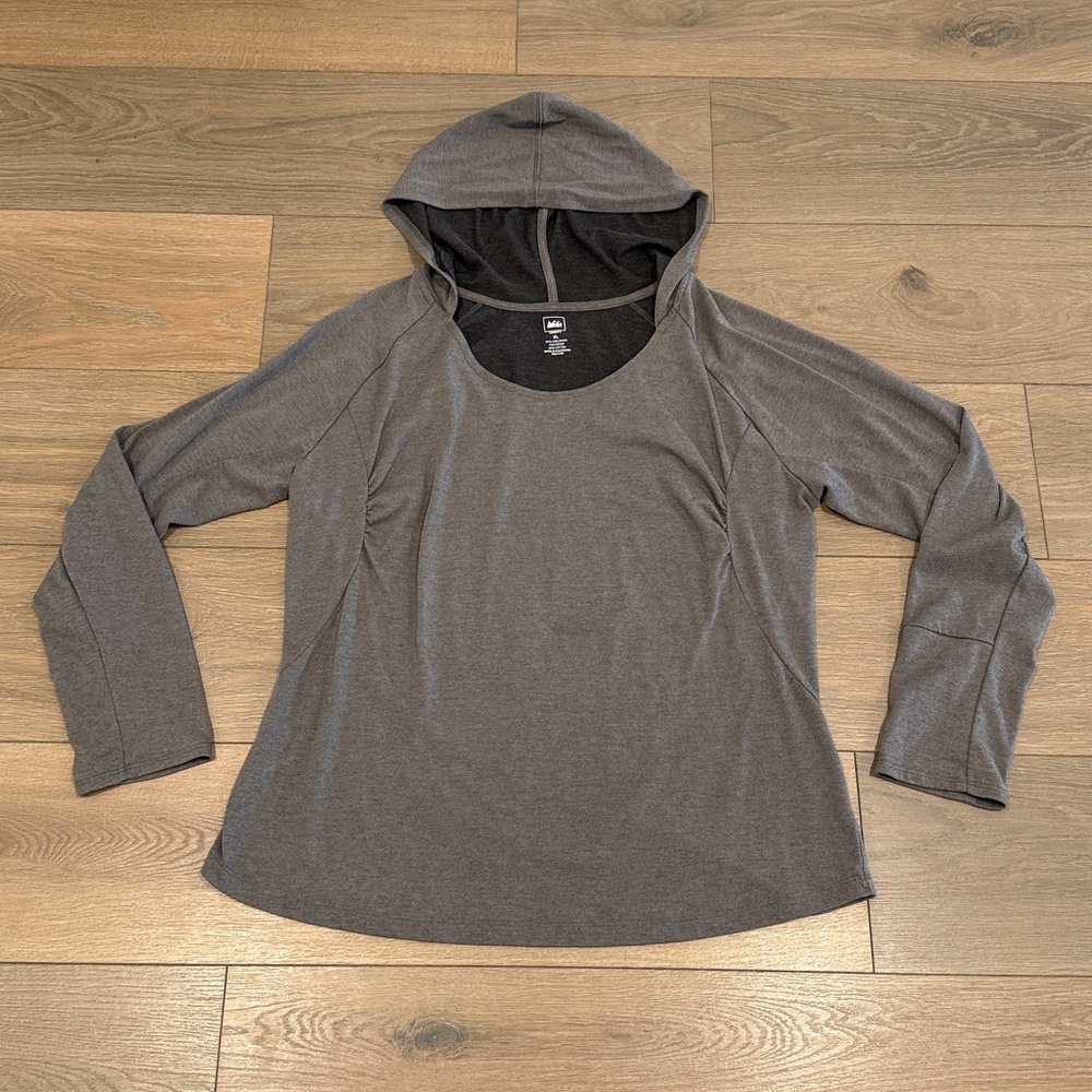 REI Gray CoolMax Long Sleeve Scoop Neck Pullover Hoodie Shirt Active Top Size XL